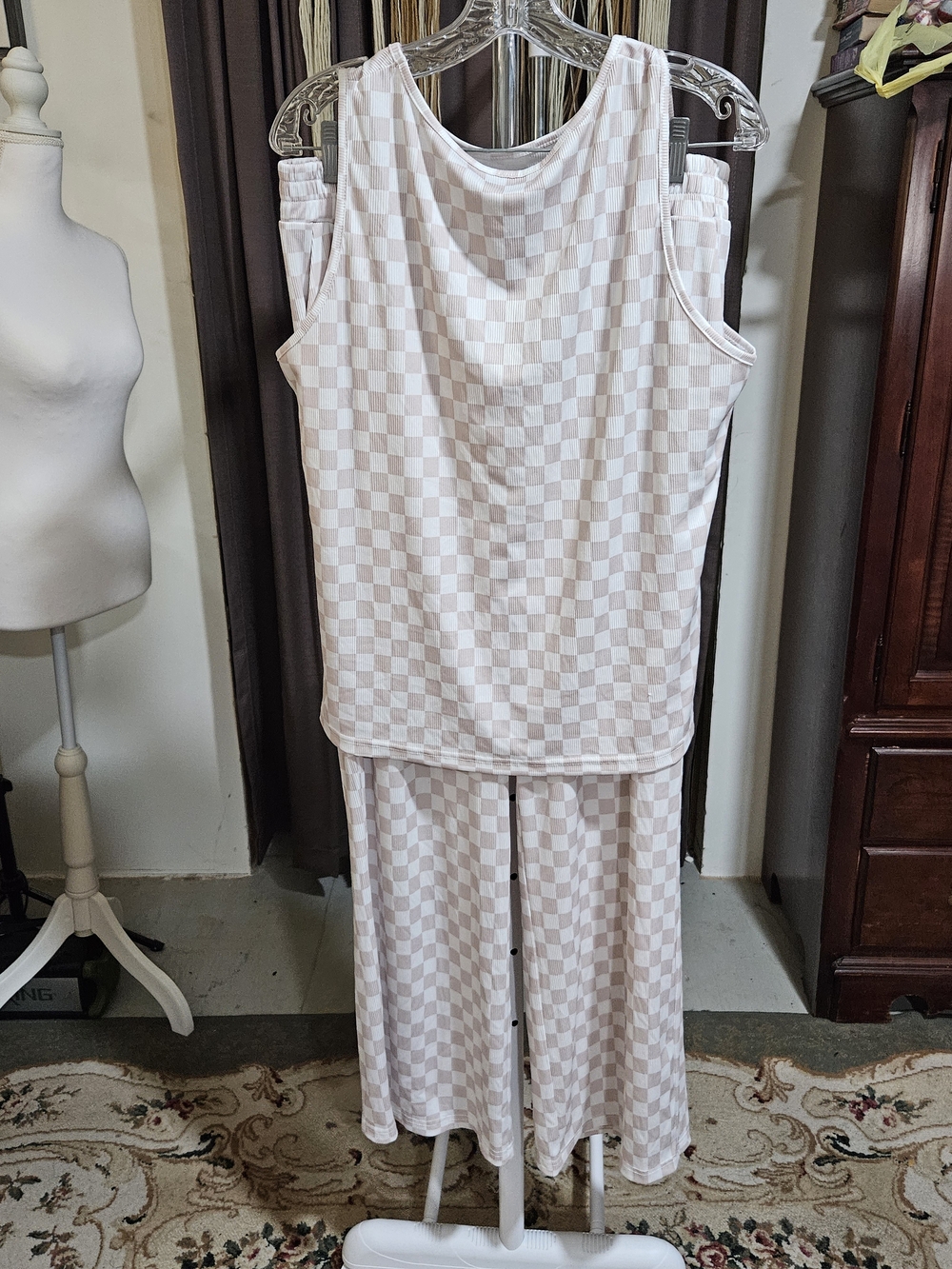Wide Leg Checkerboard Tank Jumpsuit in Light Beige XL